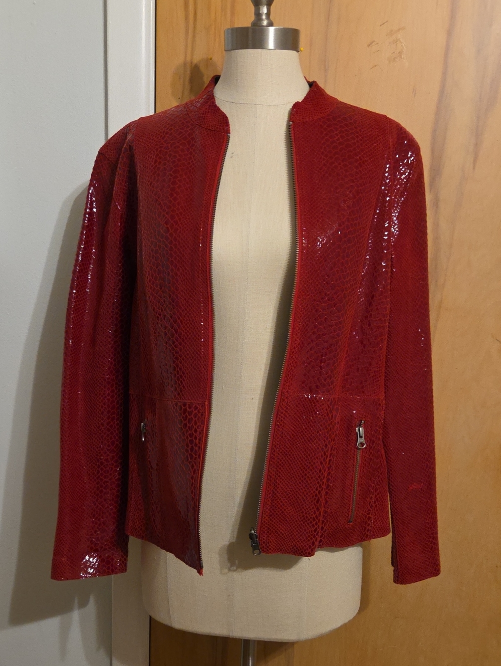 Chico's Red Reversible Genuine Leather Snakeskin Zip Jacket